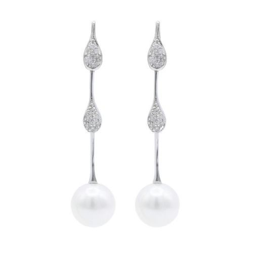 PENDIENTES COLGANTES ORO BLANCO CON DIAMANTES Y PERLA - 480322
