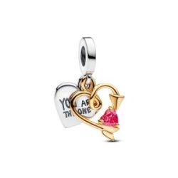 Charm Penjoll Doble en plata de llei i amb un recobriment en or de 14k Cor Grabable & Fletxa Pandora - 763622C01