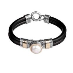 Pulsera STYLIANO de Cuero con Plata, Oro y Perla - PSP 998