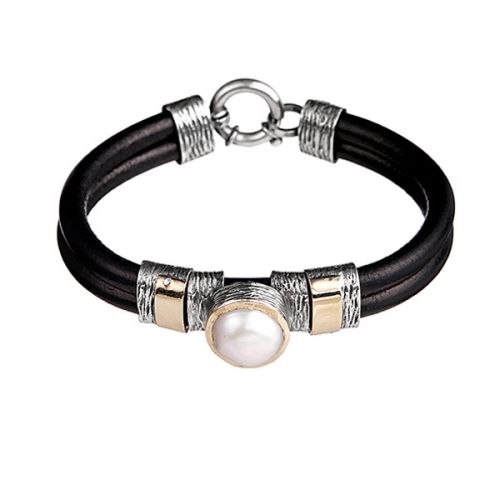 Pulsera STYLIANO de Cuero con Plata, Oro y Perla - PSP 998