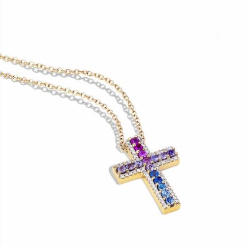 Colgante cruz con cadena oro rosa diamantes y zafiros - CLN011714 MULA