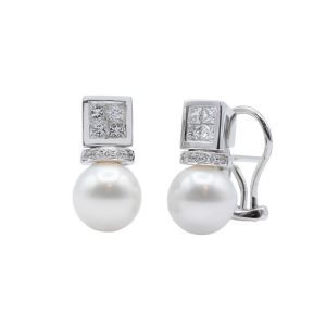 Pendientes Oro Blanco Perlas y Diamantes 0.82 cts - V-1941/P