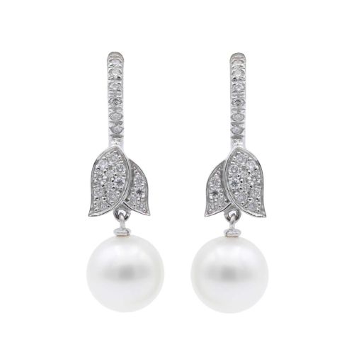Pendientes Colgantes Oro Blanco Perlas y Diamantes 0.36 cts - A998B/OB