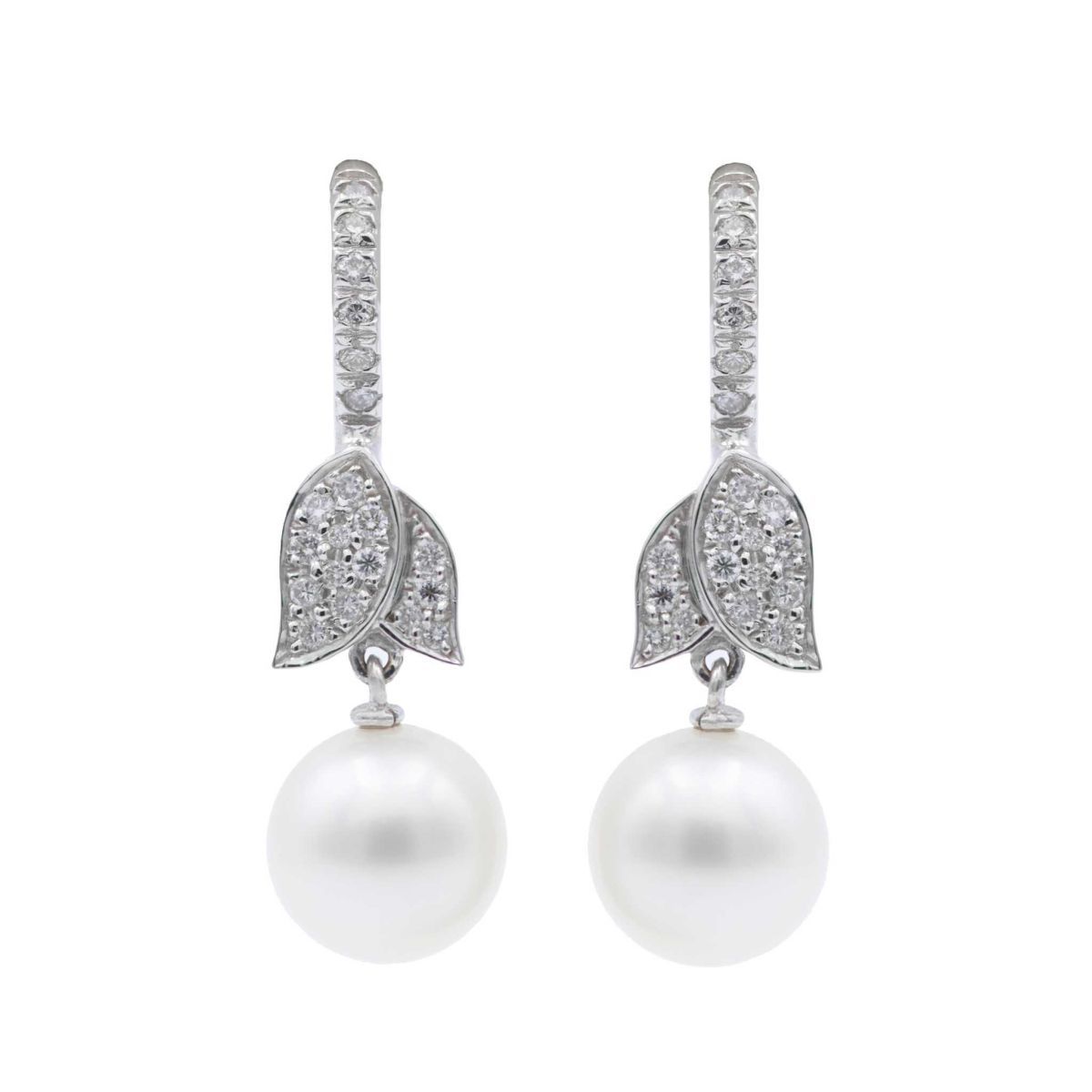 Pendientes Colgantes Oro Blanco Perlas y Diamantes 0.36 cts - A998B/OB
