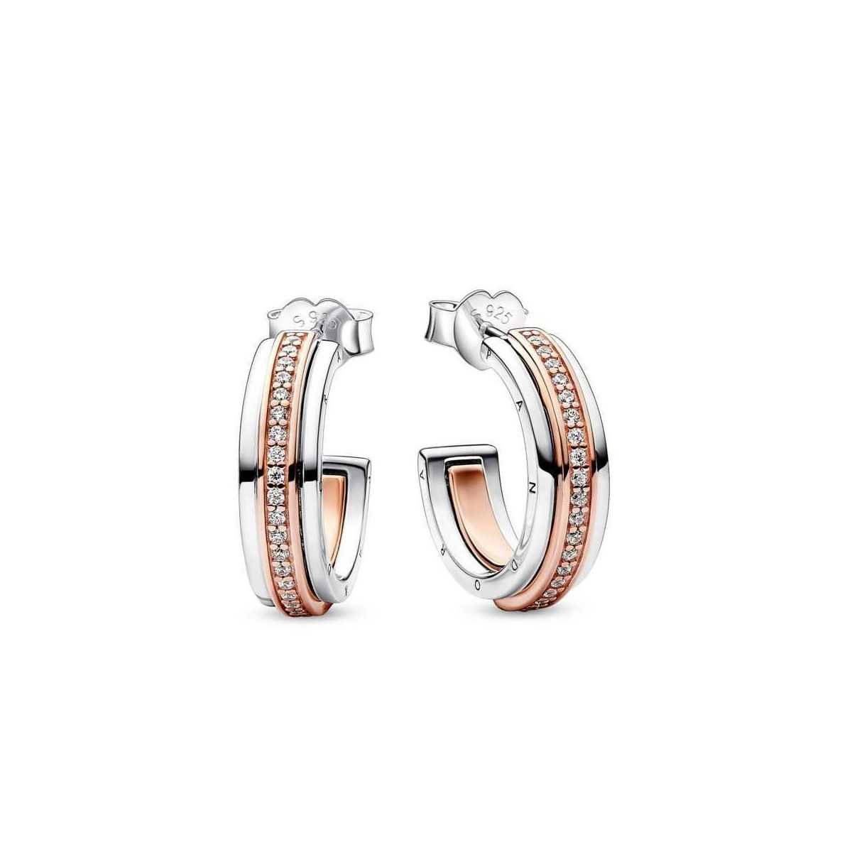 Pendientes aro Pandora Signature plata/oro rosa Logo & Pavé en Dos Tonos - 282737C01