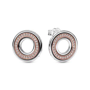 Pendientes botón Pandora Signature plata/oro rosa Logo & Pavé en Dos Tonos - 282780C01